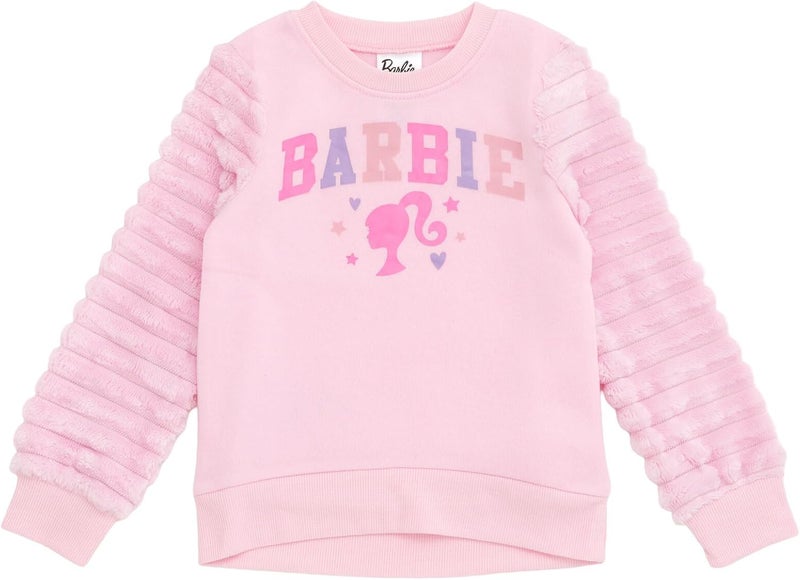 Barbie Girls Fleece Pullover Sweatshirt with Faux Fur Sleeves Toddler to Big Kid Sizes (2T - 14-16) - Image 1